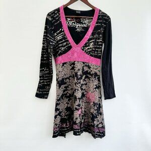 Desigual Dress Y2K Cotton Floral Stitching Rhinestones Metallic Print Large